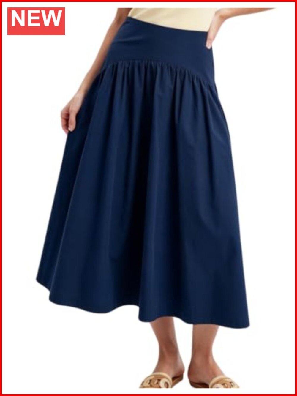 Women's Pleated Midi Skirt Smocked Back Zip A-Line Cotton